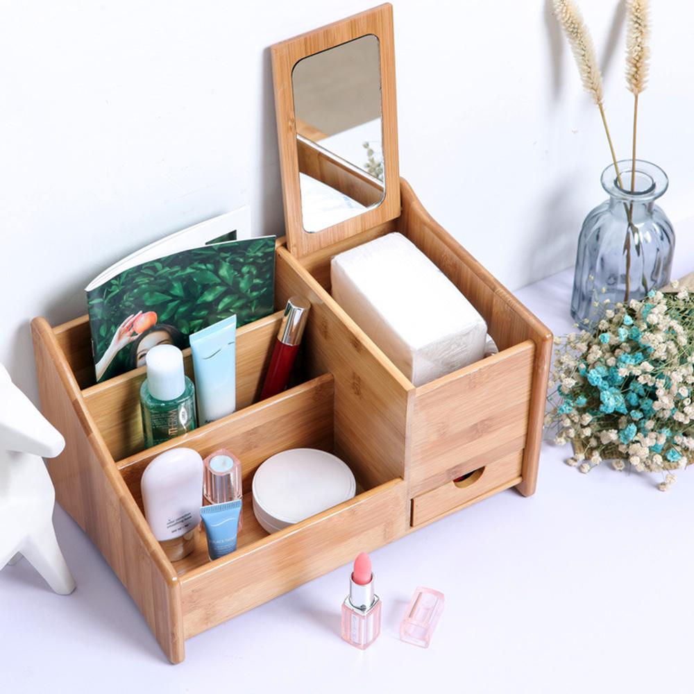Buy Natural Bamboo Desk Organizer with 3 Compartments 1 Drawer 1 C-fold ...