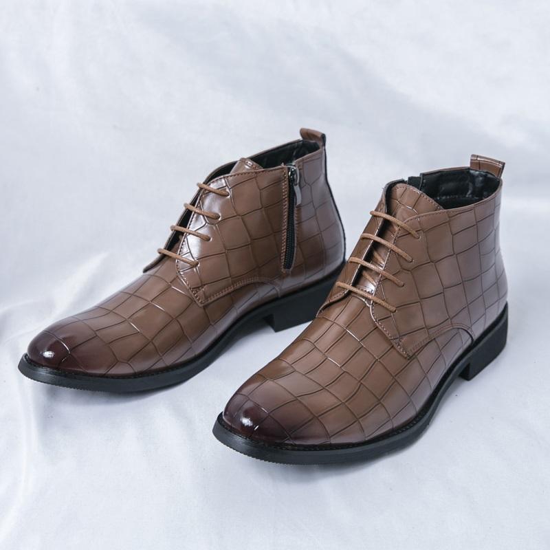 New Brand Designer Winter Pointed Alligator Pattern Leather Chelsea Ankle Boots For Men's Trend High Tops Shoes Zapatos Hombre