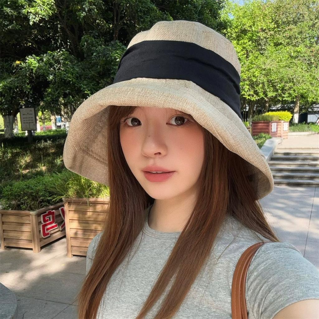 Japanese Cotton And Linen Big Eaves Bucket Hat For Women'S Summer Outdoor Sun Protection, Small Foldable Sun Hat
