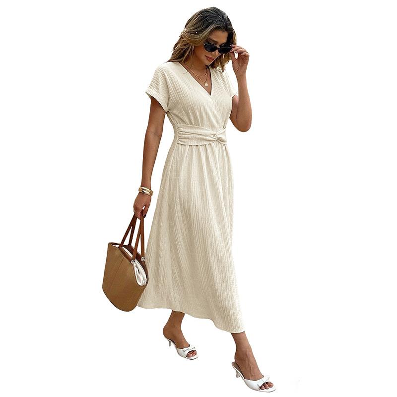 Spring and summer new solid color V-neck high waist dress European and American casual daily dress women