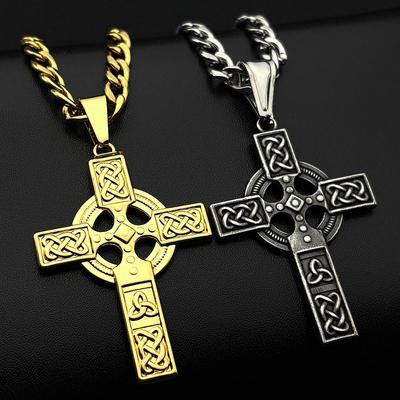 Vintage Edelstahl Christliches Kreuz Anhänger Halskette für Damen Herren Mode Nordisch Keltisches Knoten Amulett Hip Hop Kette Schmuck