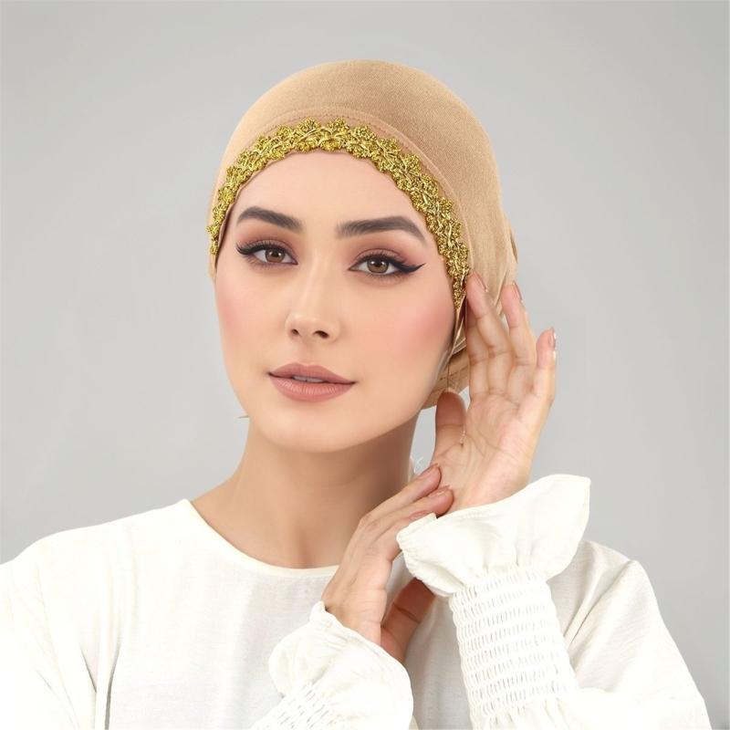 Elegant Lace Trim Hijab Cap Easy To Wear Stretchy Turban Hat For Islamic Women Formal Casual Religious Event Gathering