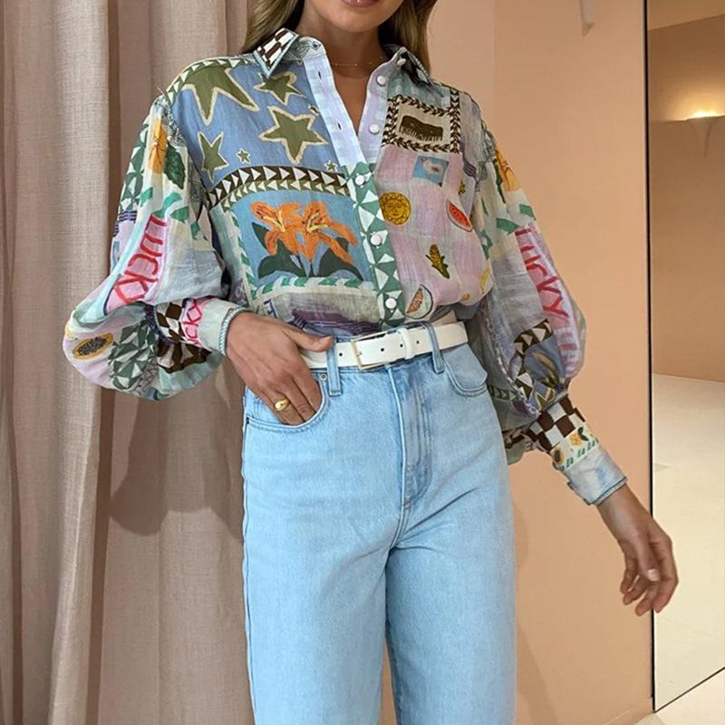 European & American Women's Long Sleeve Printed Shirt - Casual, Fashionable, Lapel Design for Business and Everyday Wear.