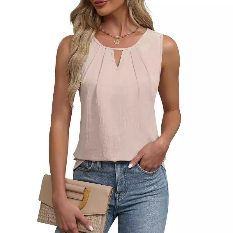 Summer Pleated T-shirt Chiffon Hollow Sleeveless Top