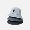 Bear Embroidered Denim Bucket Cap Korean Sun Protection Hat Vintage Denim Fishing Cap  Streetwear