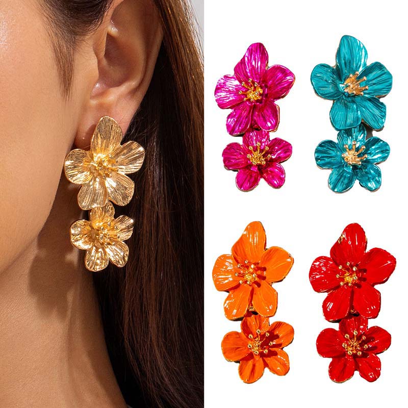 Bohemian Colorful Drip Oil Flower Pendant Earrings for Women Exaggerated Metal Long Double Flower Tassel Earrings Jewelry Gifts