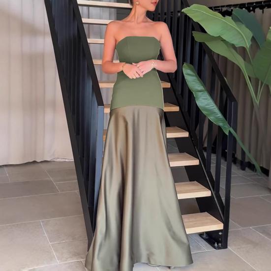 Women's Strapless Tube Top Maxi Dress Off Shoulder Patchwork Evening Dress Satin