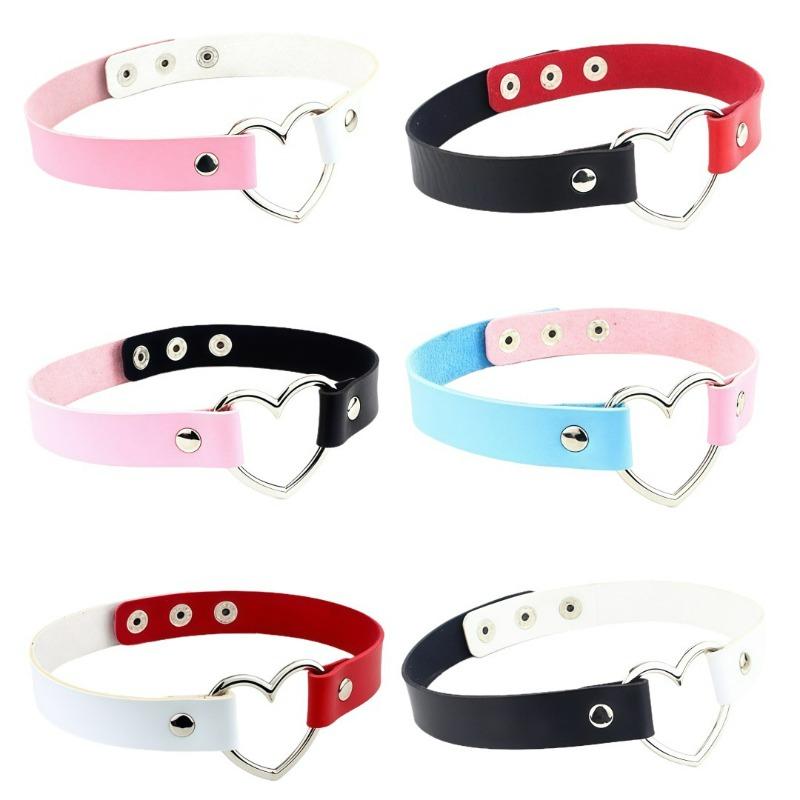 Eco-friendly PU Leather Japanese Harajuku Hip-hop Heart-shaped Peach Heart Love Two-color Splicing Neck Strap Collarbone Collar Punk Necklace