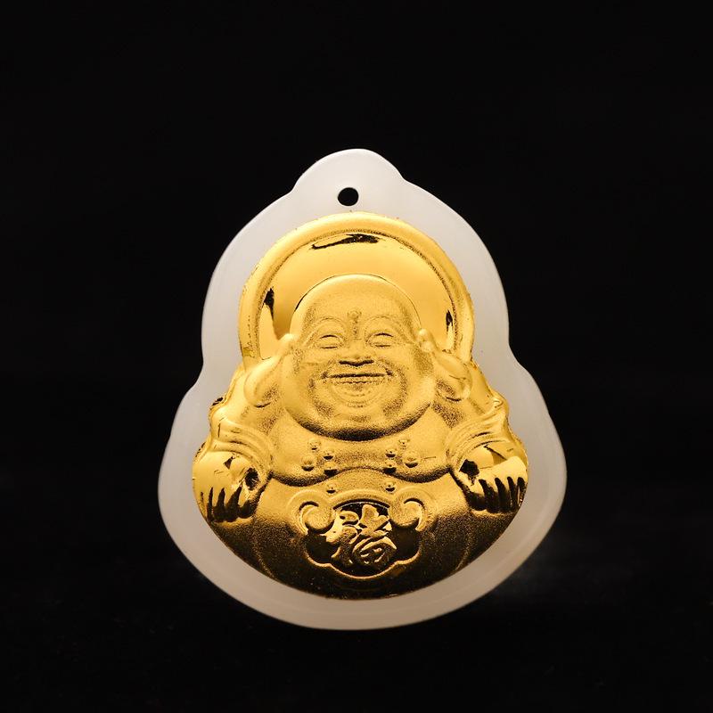 Pure Gold Jade Pendant with Guanyin, Maitreya Buddha, and Pixiu – Lucky Bag Collection Necklace