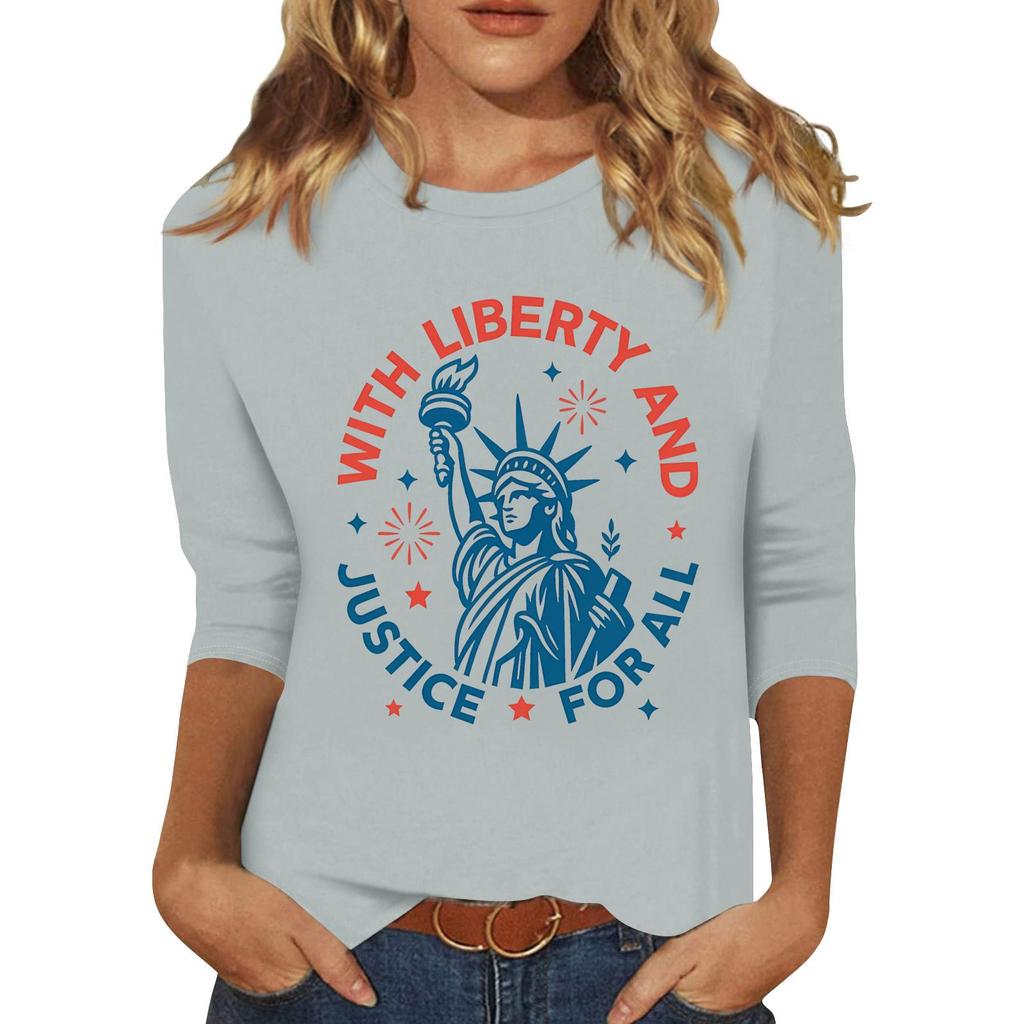 Women's Fashionable Casual Three-Quarter Sleeve 250th Anniversary Independence Day Print Neck Sweater