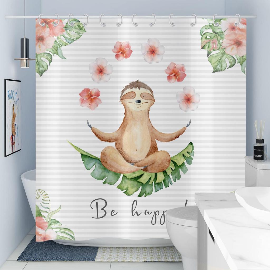 Funny Tree Otter Yoga Rose Flower Shower Curtain 180x 210cm Tropical Green Leaves Washable Waterproof Shower Curtain