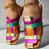 Hot - Selling Streetwear - Style Sandals | Colorful Snakeskin Woven Slides with Gold Cuban Anklets