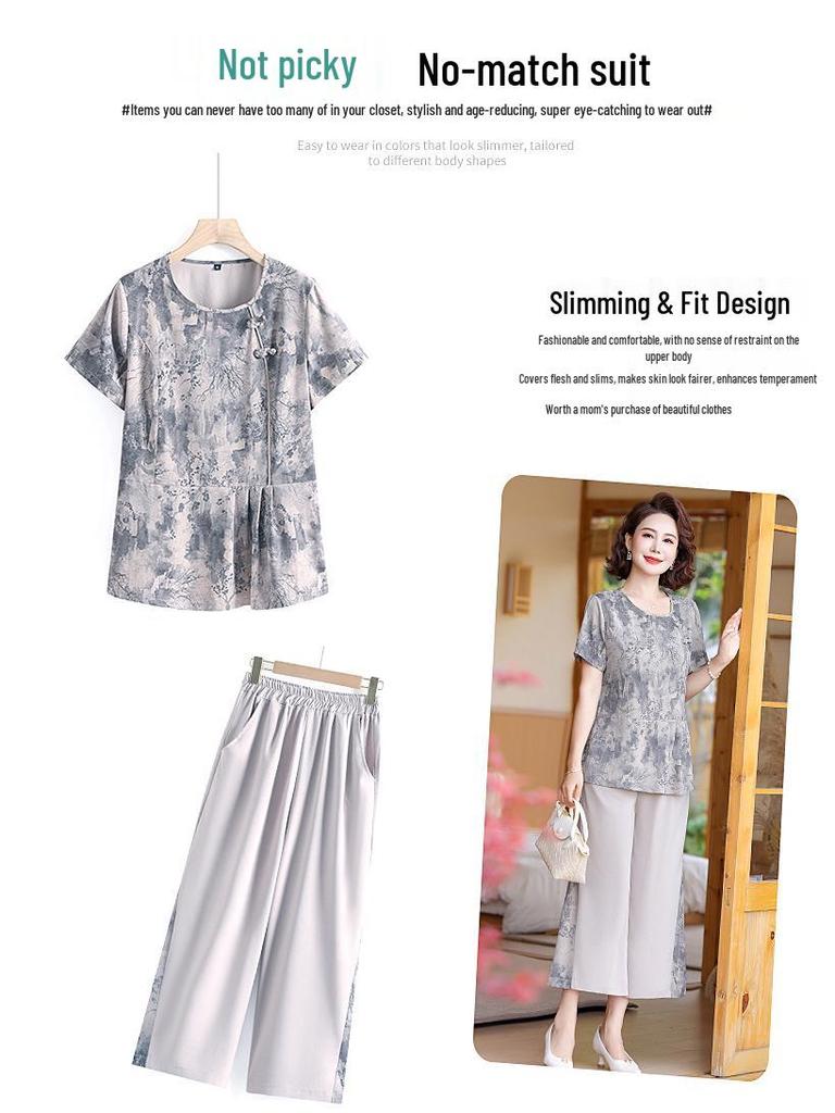 2025 Summer Chinese Style Top & Chiffon Short Sleeve Two-Piece Set for Middle-Aged Women