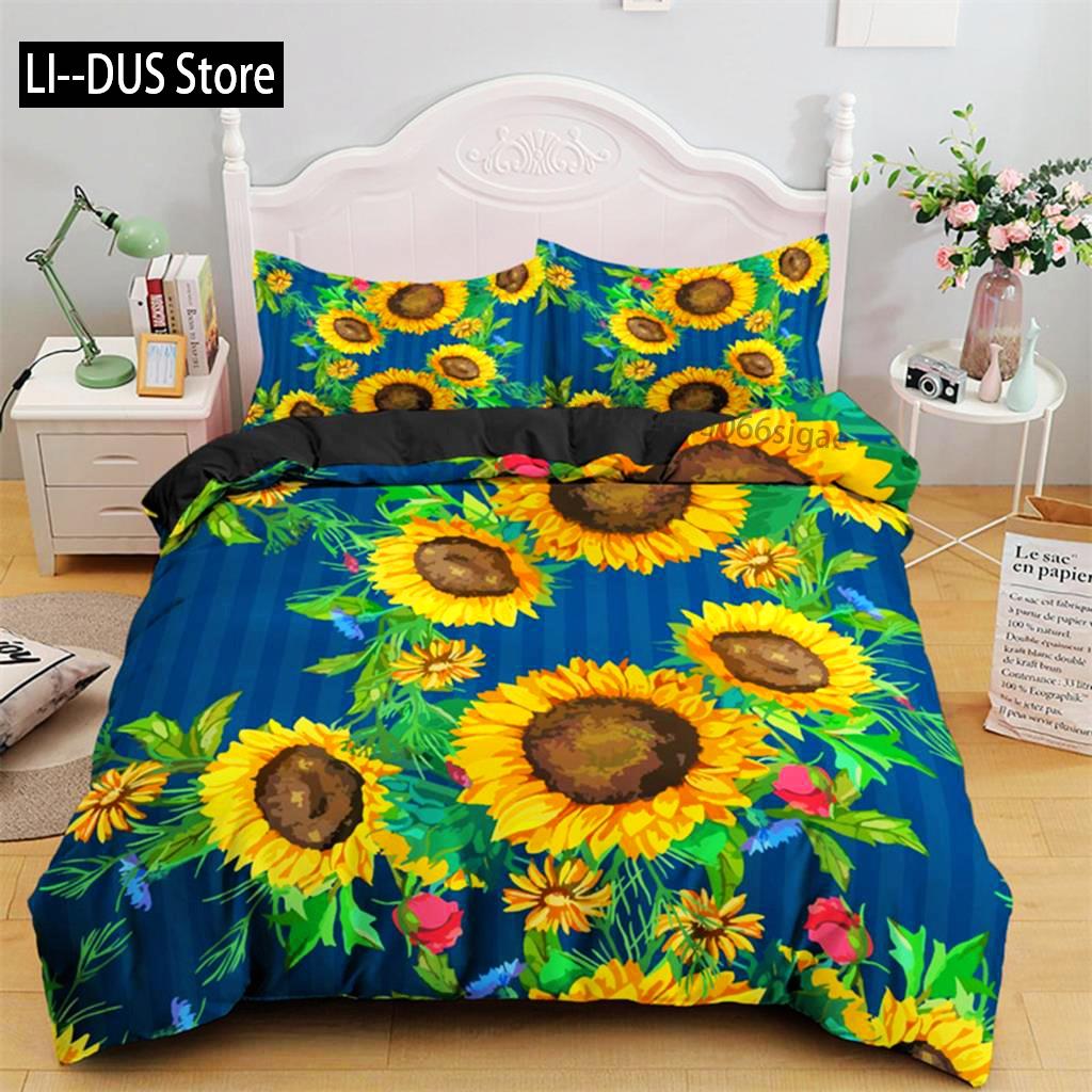 Duvet Cover Sunflower Yellow Flower Bedding Set Farmhouse Green Leaves Floral Quilt Cover For Women Girl Bedroom Decorations