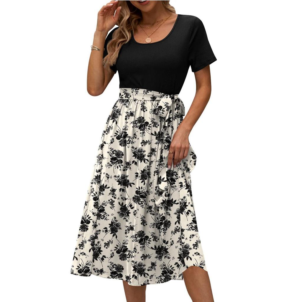 Midikleider Damen Blumendruck Patchworkkleid Kurzarm Rundhals Bequemes Alltagspartykleid