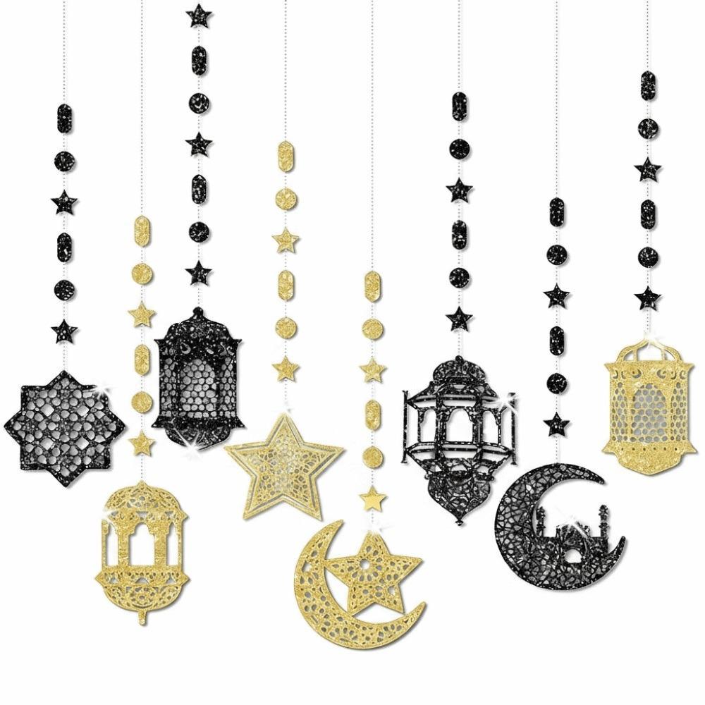 

Gold Silver Eid Mubarak Banners DIY Paper Glitter Paper Star Moon Lantern Ceiling Hanging Pull Flag Hang Garland Islam Party