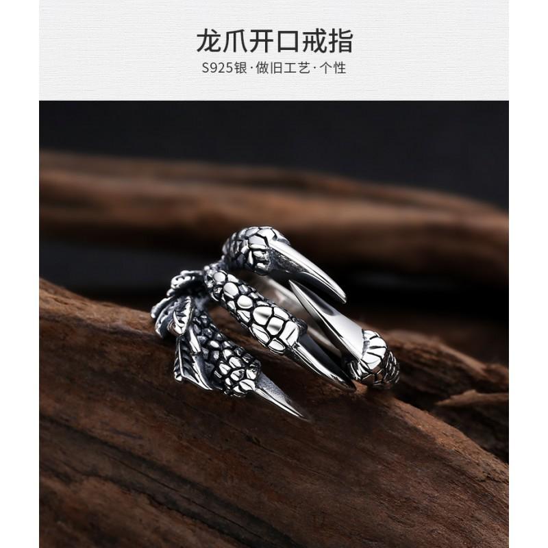 Adjustable Open Ring Men Women Sterling Dragon Claw Design Vintage Retro Statement Jewelry