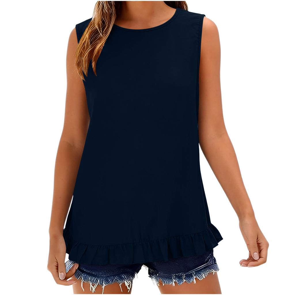 Women's Sleeveless Button Down Shirt Casual Summer Blouse Loose Fit Round Neck Ruffle Hem Lightweight Top