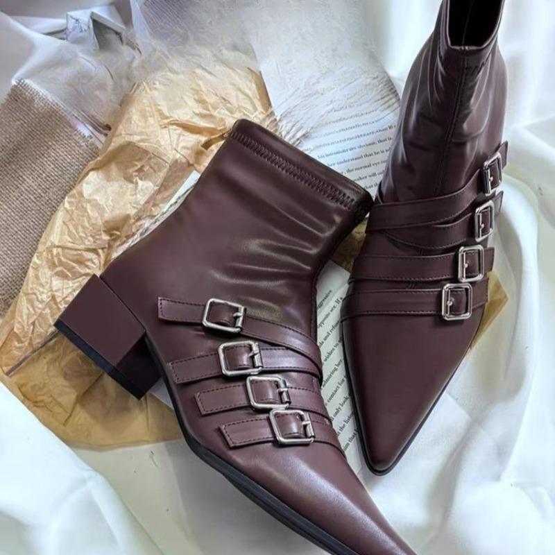 Fashion Rear Zip Block Heel Single Boots Women's Fashion Pointed Toe Metal Belt Buckle Anti-Slip Wear-Resistant Short Shoe