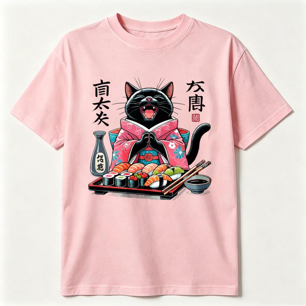 Sushi Loving Cat Graphic Tee Japanese Style Black Kitten Kawaii Food Lover Gift Unisex Unisex Fashion Top Cotton Shortsleeve