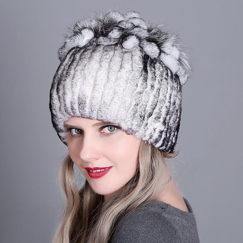 Colorful Rex Rabbit Fur Knitted Women's Warm Winter Hat