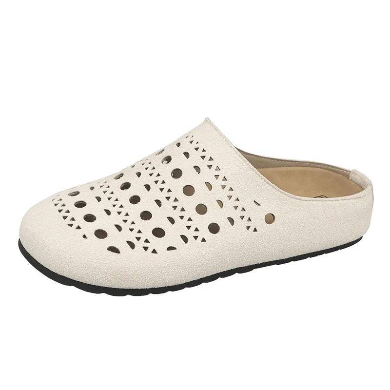Fashion Baotou Hollow Out Fretwork Suede Leather Solid Concise Half Slippers Women Round Toe Pull on Muller Beach Shoes Females