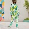 Girls Tropical Leaf Printed Hooded Long Sleeve Kangaroo Pocket Top Cuffed Pants Two Piece Set