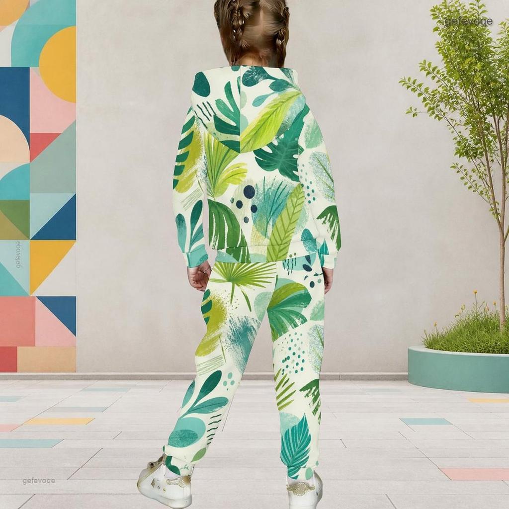 Girls Tropical Leaf Printed Hooded Long Sleeve Kangaroo Pocket Top Cuffed Pants Two Piece Set