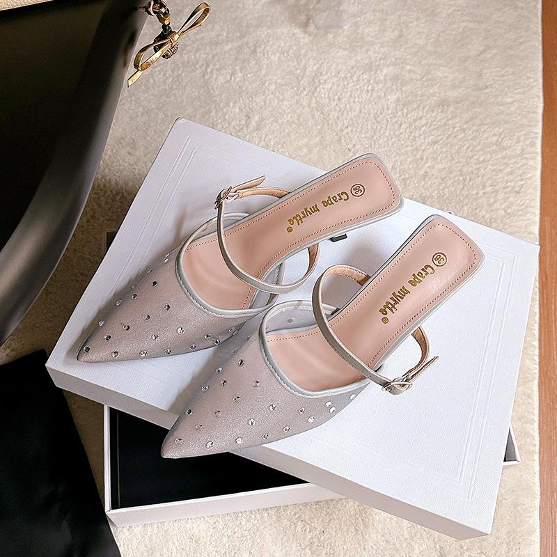 Grape mother summer new beautiful hot diamond temperament small pointed mesh yarn breathable 6cm thin heel empty sandals women