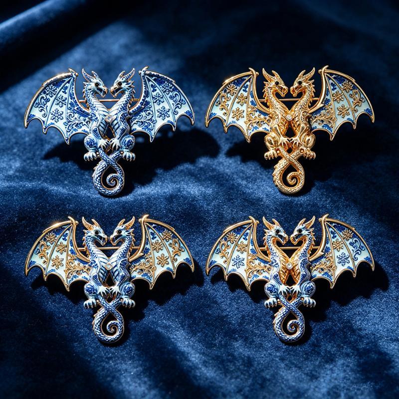 1Pcs Double Headed Dragon Brooch Blue White Porcelain Inspired Vintage Jewelry for Valentine's Day Gift Wear