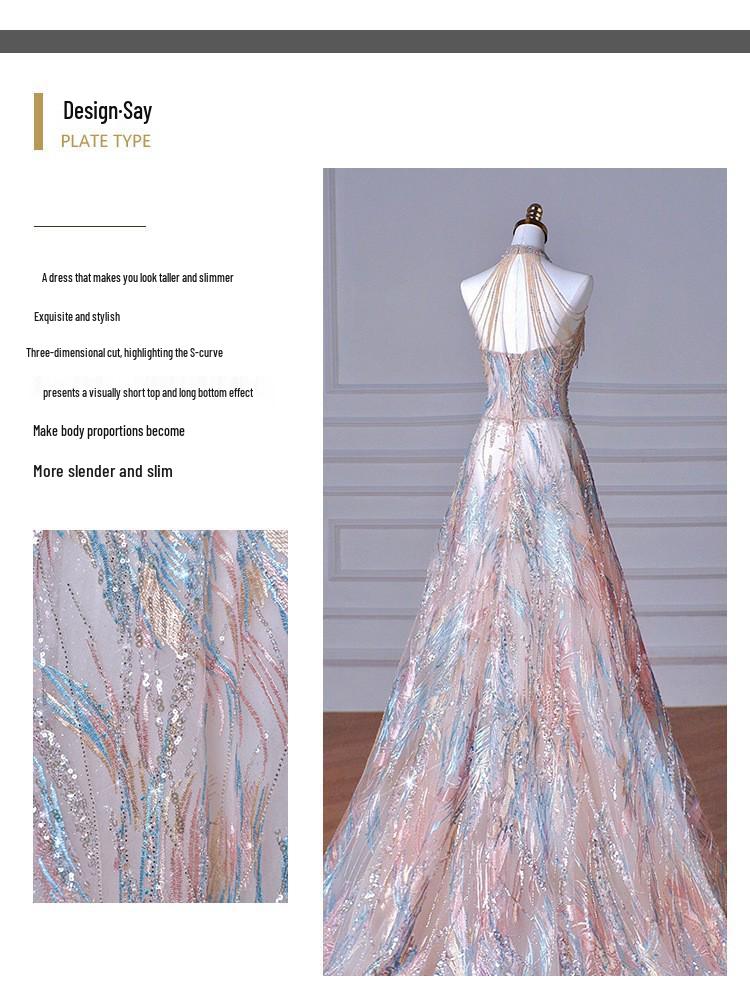 High-End French Halter Neck Evening Gown - 2026 Light Luxury Bridal Banquet Dress