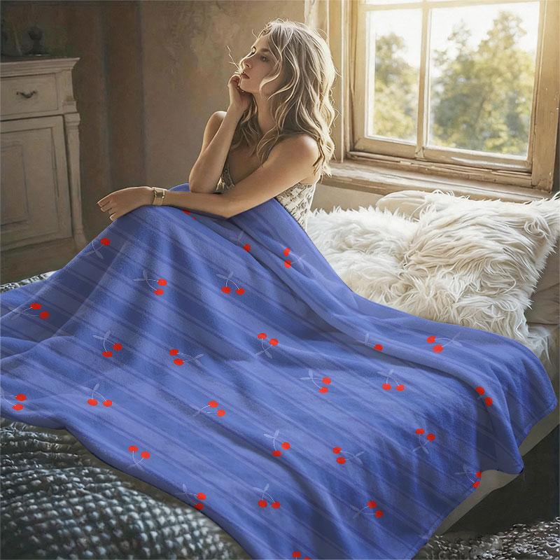 Cherries Blue Stripes Flannel Blanket Perfect for Sofa Office Bed Travel Sleep Read Relax Camping Four Season Use