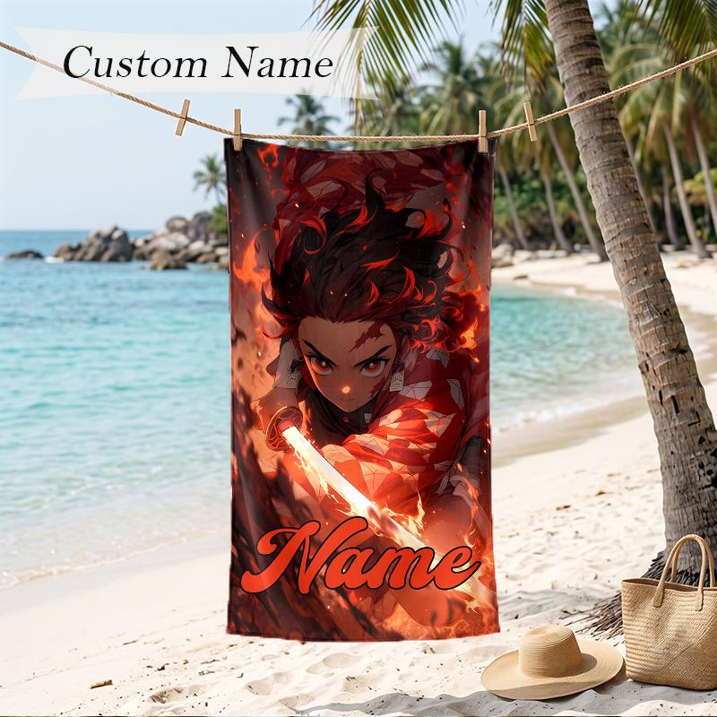 Demon Slayer Custom Name Printed Beach Towel Personalized Soft Towel For Swimming Beach Travel