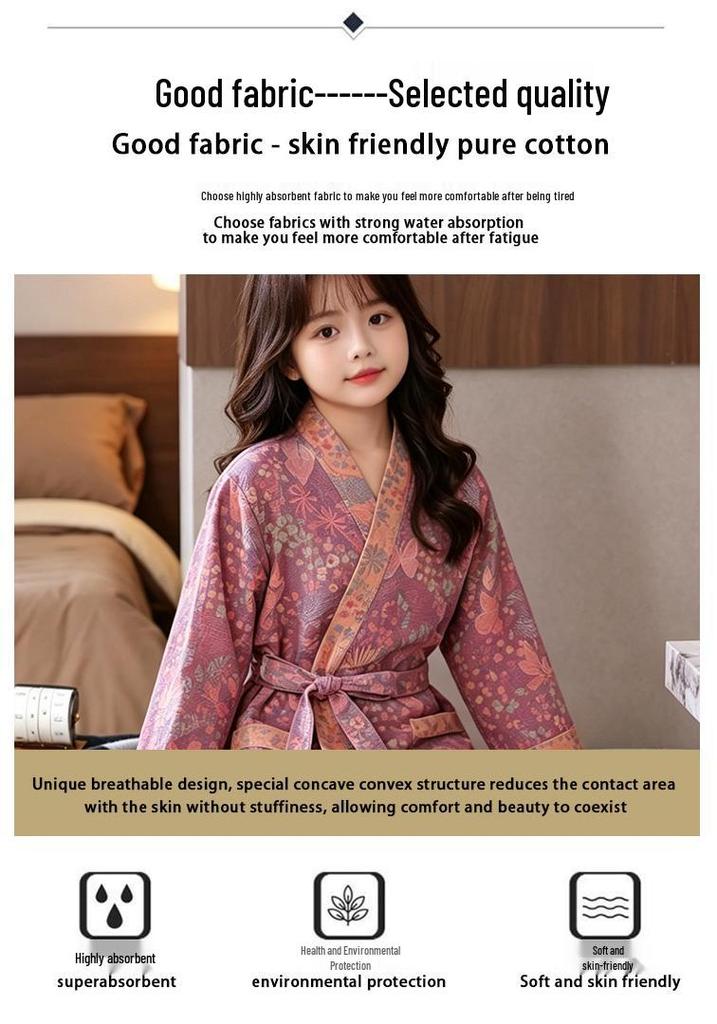 Children's Pure Cotton Double-Layer Gauze Jacquard Kimono Pajamas with Long Sleeves