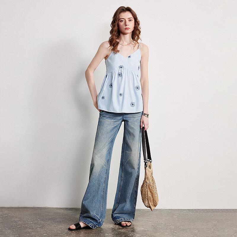 Women's Striped Floral Embroidered V-Neck Camisole