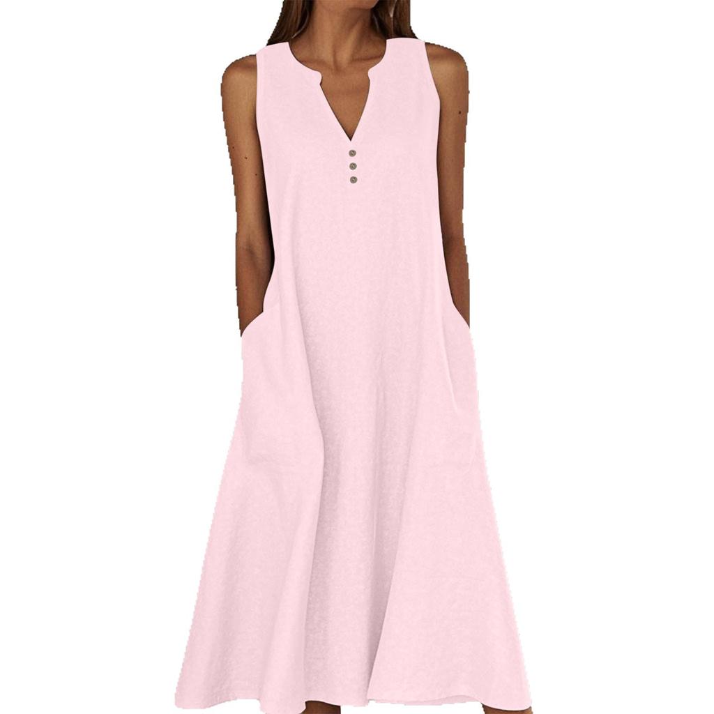 Women's Sleeveless V-Neck Button Front A-Line Dress with Side Pockets in Multiple Colors
