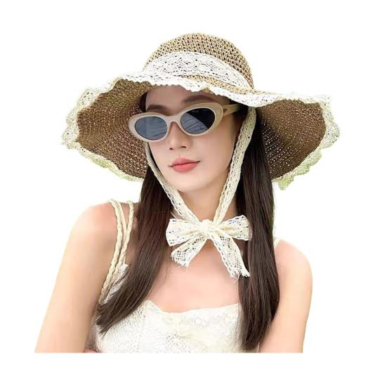 Summer Fisherman Hat Hollow Straw Weaving Large Brim Beach Hat A