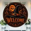 Vintage Witch Hat Moon Spooky Welcome Sign Round Wooden Hanging Plaque Home Wall Decor Party Supplies Halloween Holiday Atmosphere Ornament
