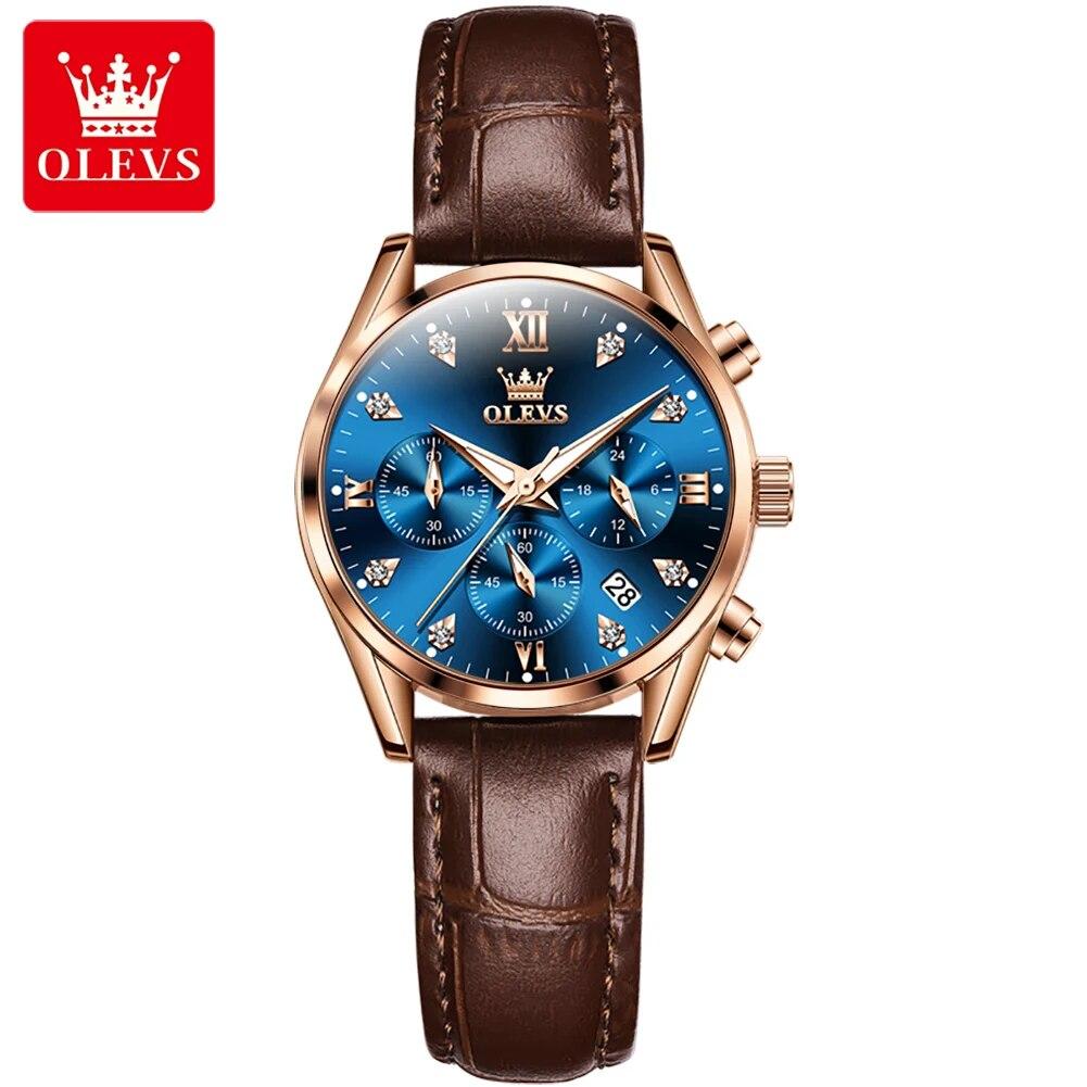 OLEVS 5523 Chronograph Quartz Wristwatches for Women Leather Strap Waterproof Luminous Classic Elegant Luxury Brand Woman Watch