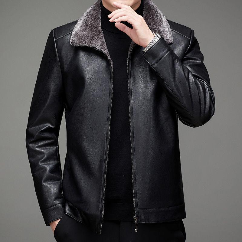 2024 Men's Fleece-Lined & Thin Style Winter Leather Jacket for Middle-Aged and Elderly