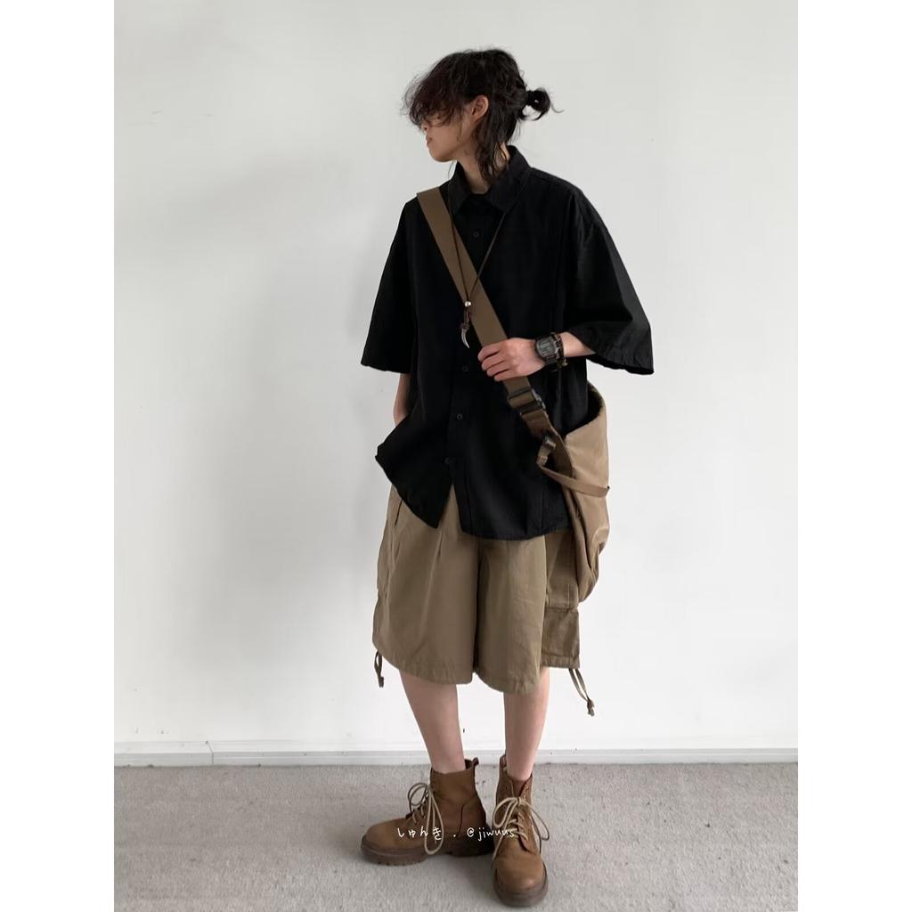 Hong Kong Style Retro Short Sleeved Shirt Men's Summer Japanese Loose Workwear Casual Five Quarter Sleeved Top Jacket