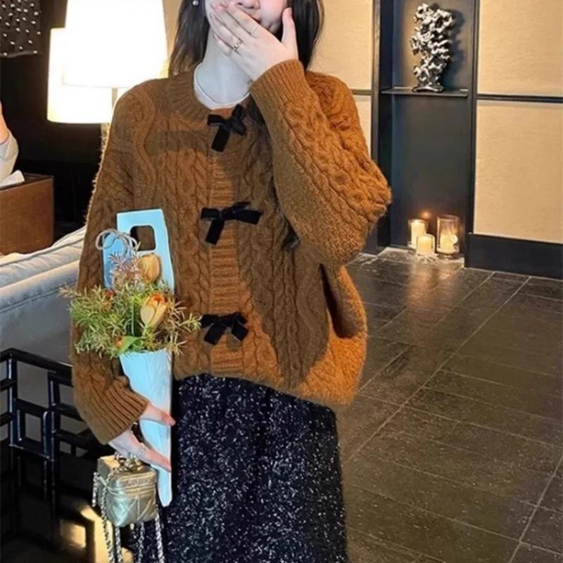 Cardigan Women Bow Soft Glutinous Sweater Women Retro Twist Knitted Outerwear Warm Long Sleeve Top