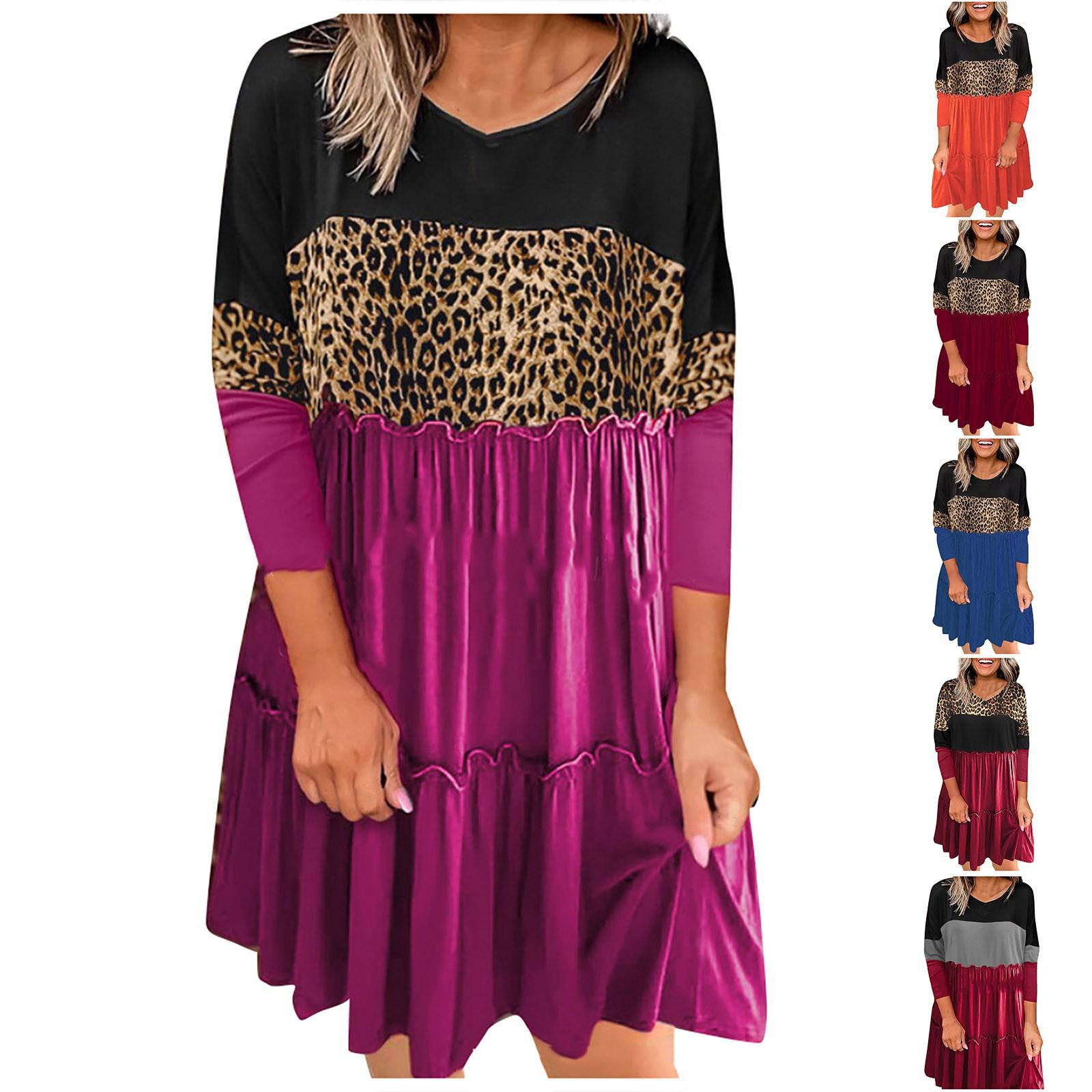 

Женское свободное платье с цветными блоками и леопардовым принтом, круглым вырезом и длинными рукавами