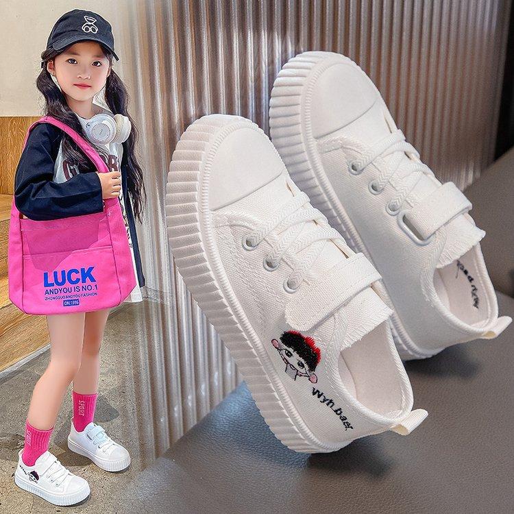 Korean version of girls' white shoes children's canvas shoes girls cartoon cute casual sports shoes embroidered running board shoes