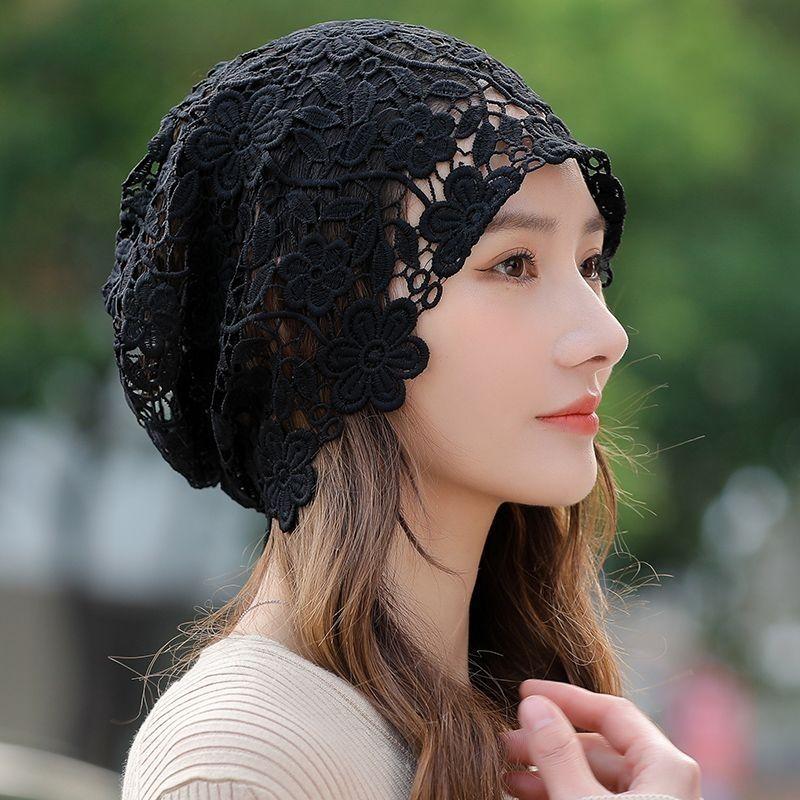 Women's Spring Summer Thin White Hair Cover Hollow Breathable Slouchy Lace Turban Flower Hat