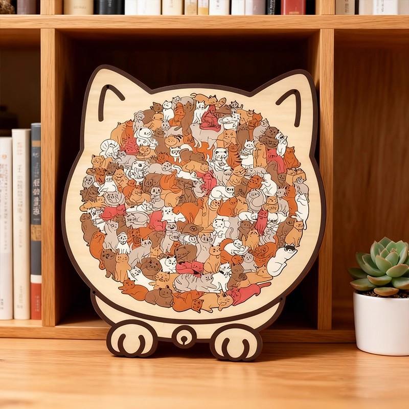 Cat Wooden Jigsaw Puzzle Irregular Shape Decompression Toy Unique Animal Puzzle with Frame Home Decor Gift for Adults Kids