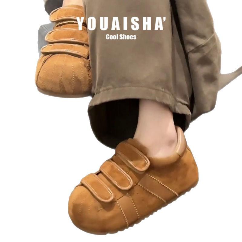 Ugly cute shell head German training shoes women's 2025 new retro matte leather Velcro big head board shoes foreign style women's single shoes