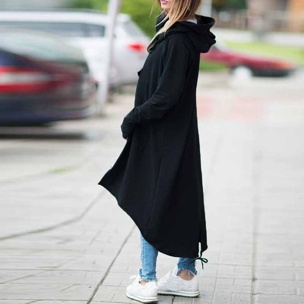 Women Fashion Hooded Jacket Long Sleeve Long Solid Coat With Pocket