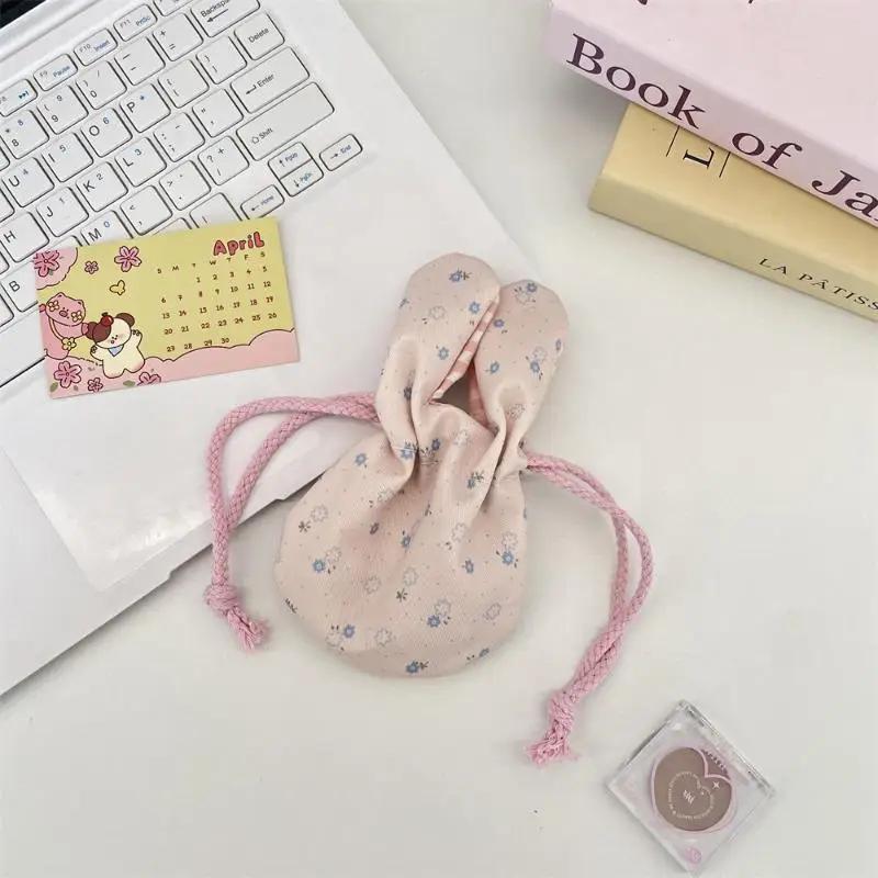 Cute Bunny Ear Flower Drawstring Storage Bag Outdoor Portable Cosmetics Lipstick Handbag For Outdoor Travel Storage Bag