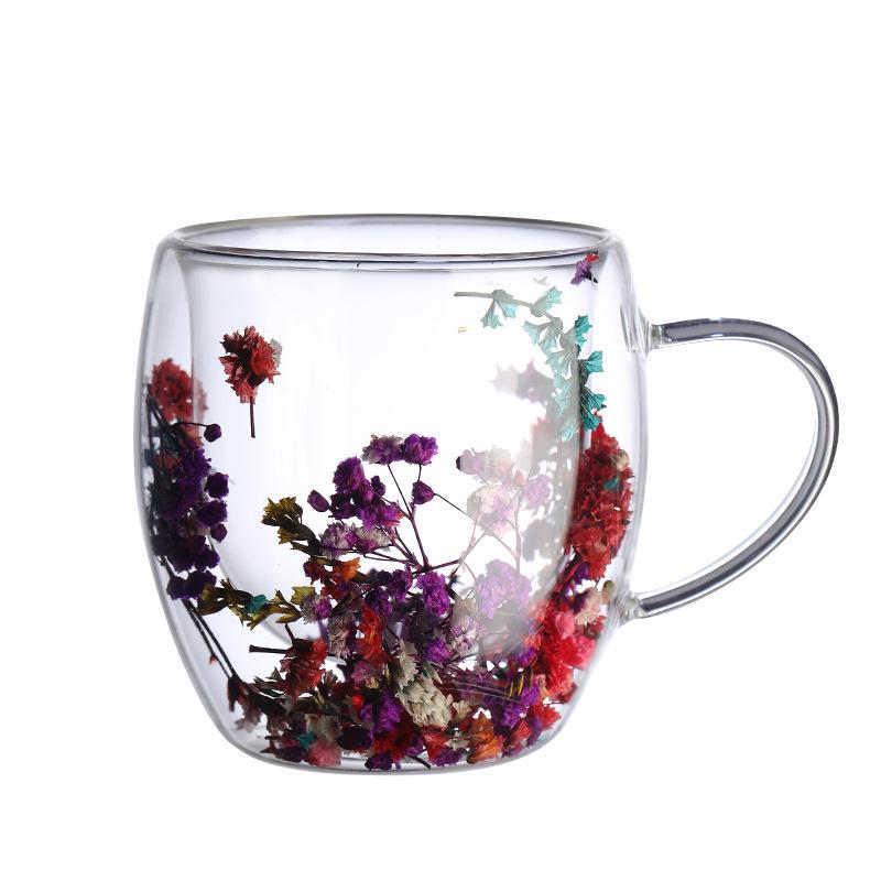 Fillings Dry Flowers Double Wall Glass Cup With Handle Heat Resistant Hot Cold Beverage Tea Coffee Insulated Mug Creative Gift